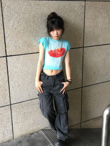 Street Style Short Sleeve T-Shirt Womens Slim Fit Short Length Fashionable American Top Trendy Brand Ins Sweet And Spicy