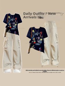 NUMEN BUTTON | Plus Size Summer Cartoony Short Sleeve T-Shirt Outfit Slimming Workwear Pants Set