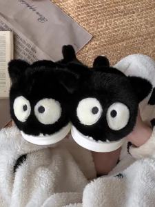 WY-XIXITIAO 2024 Winter New Ugly Cute Big Eyes Small Black Cat Cotton Shoes for Women with Velvet Warm Home Half Pack Heel Cotton Slippers