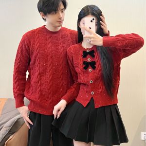 Christmas Red Couple Sweaters Mens Womens Korean Style Wedding Return New Year Knitted Clothes Cotton Long Sleeve round Neck