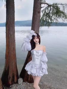 ชุดเจ้าหญิงสไตล์ฝรั่งเศสที่หรูหราพร้อมโบว์ผีเสื้อและหางสําหรับการเฉลิมฉลองวันเกิดชุดเดรสแขนบอลลูนกระชับสัดส่วน