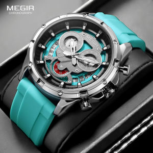 MEGIR Mens Quartz Watch with White Silicone Strap Luminous Hands Fashion Sport Waterproof Chronograph Wristwatch with Calendar