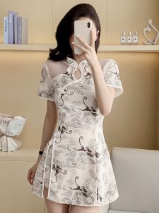 New Chinese Style Short Dress Two-Piece Set Slimming Split Flag Robe Dress Summer Womens Fashion High Waist Polyester Fiber