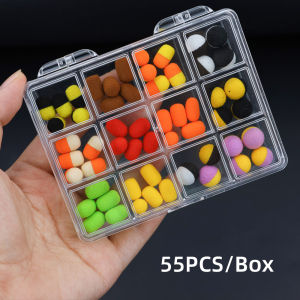 55PCS/Box Cylinder & Round Carp Fishing Foam Pop Ups Boilies Soft Artificial Bait Zig Rig Hair Rig Hook Terminal Tackle
