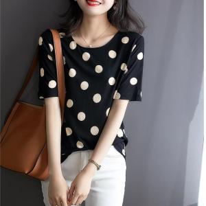 Korean Style Loose-Fitting Womens Clothing Small Polka Dot round Neck Short Sleeve T-shirt Black with White Dots Casual All-Matching Graceful Black Tops Tide