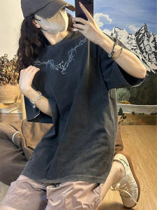 Plus Size Ladies Plus Size 100.00kg American Retro Washed Distressed Short Sleeve T-Shirt Womens Summer Loose Pure Cotton Shoulder Fashion