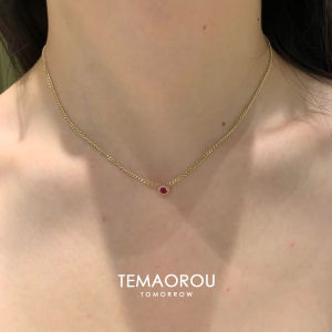 Retro Pigeon Blood Oval Diamond Red Ruby K Gold Cuban Necklace High-End Sensation Clavicle Chain Fashionable Jewelry Accessory