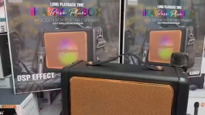 BTS 1888 wooden portable karaoke speaker 6.5 inches supports Bluetooth has RGB lighting effect equipped with a 2400 mAh battery.