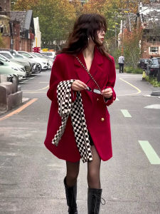 Red Woolen Suit Jacket Womens Autumn Winter New Years Fashion Commute Style Korean Version Cotton Blend Long Sleeve V-Neck