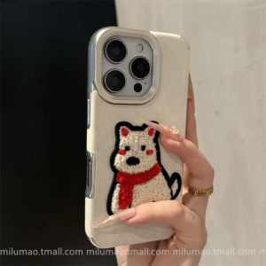 Fall Winter Embroidered West Highland Terrier Dog iPhone 16 pro Max Apple 17 Case Denim Fabric 11 12 13 Female Model 14 plus Anti-Fall Cover