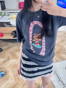 Aunt Fan He [Enjoy the Sunshine] Summer Black Leather KT Surfing Print T-shirt Heavy Weight Pure Cotton Round Neck Short Sleeve Couple