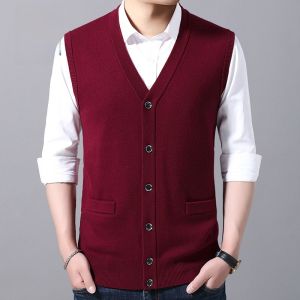 ROMON | Lormen Mens Knitted Wool Sweater Vest Autumn Winter New Style Sleeveless Open Cardigan Shoulder Top Dad Style Fashion City Business Casual