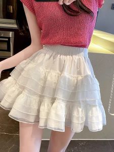 กระโปรงจั๊มสูทลายลูกไม้เอวสูงป้องกันการเปิดเผยสำหรับผู้หญิง ฤดูใบไม้ผลิและฤดูร้อน สีขาว กระโปรงทรงเค้ก กระโปรงสั้นทรงเอ