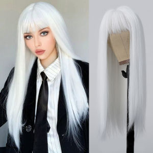 LOUIS FERRE ตรงวิกผมสังเคราะห์สีขาวสําหรับผู้หญิงสีขาวยาวสีขาวธรรมชาติผม Wigs กับ Bangs วิกผมทนความร้อนสําหรับทุกวัน