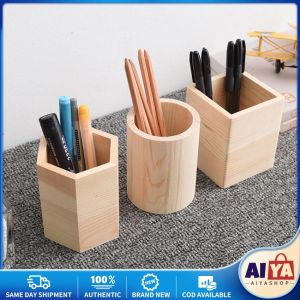 DIY Office Organizer Desktop Wooden Pen Storage Box Pencil Pot Pen Holder Makeup Brush Container Home School Stationery Supplies