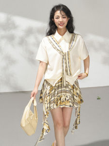 KEIKO | Casual Holiday Style Short Sleeve Shirt Set with Ribbon and Printed Skirt