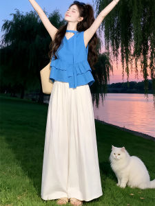 Shalldoer | Dopamine Blue Summer New Wooden Ear Splicing Sleeveless Shirt and Wide Leg Pants Two-piece Set