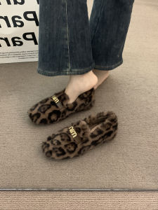 Hidden Heel 5cm Leopard Print Fashionable Outdoor Fluffy Shoes Womens Fall and Winter Wedge Slip-on Internet Celebrity Fleece-lined Cotton Gommino