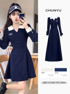 Elegant plus Size Autumn New Womens Embroidered Pleated Color Block Polo Collar Slimming Small Fragrance Style Dress