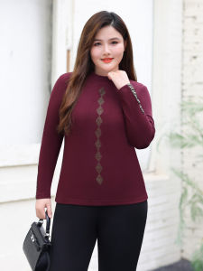 plus Size Womens Long Sleeve T-Shirt Fashionable Rhinestone Mommy Fatter Slimmer Half High Collar Base Shirt Autumn Wear