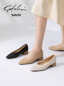 French Lace Hollow Low Mouth Summer 2026 New Slip-on Mid Block Heel Womens Shoes