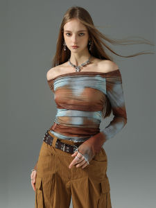 VONYUSUF American Retro Spicy Girl Style Short Lightweight Short Sleeve Womens One-Shoulder Belly-Baring Long Sleeve Top