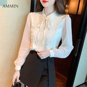 AMMIN  new womens long-sleeved design sense OL professional lace stitched chiffon shirt Korean style fashionable temperament chic bow tie lace embroidered chiffon top