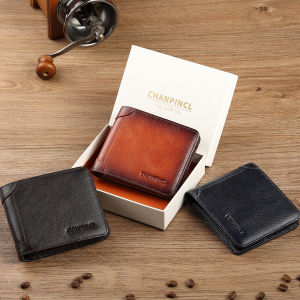 【Genuine Cow Leather/ Gift Box】CHANPINCL Brand Hot Sale Mens Wallet Luxury Original Short Tri-Fold First Layer Cowhide Purse Business Horizontal Fashion