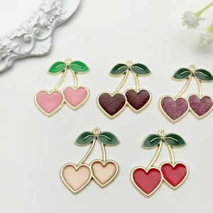 5pcs Alloy Fruit Cherry Pendants With Gold Border And Fine Sparkling Oil Drop Charms For DIY Handmade Jewelry Craft Accessories