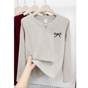 Spring Autumn 2025 Butterfly Knot Print Anti-Aging round Neck Long Sleeve Womens T-Shirt Base Shirt Inner Wear Top Commute Style Korean Version Cotton Blend