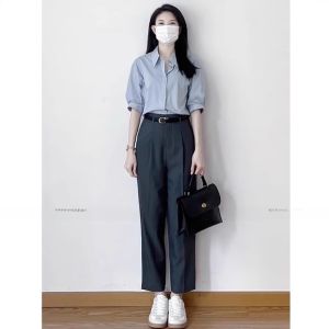 Blue Shirt Womens Professional Interview Outfit Career Womens Commute Clothing Set Korean Style Straight Tube Pants