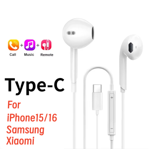 Original Headphones For iPhone 16 15 14 13 12 11 Pro XS Plus In-ear Type C Wired Earphones Bluetooth For Samsung Huawei Xiaomi
