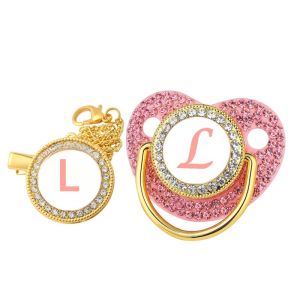 ใหม่ทารกแรกเกิด Pacifiers สําหรับทารก Rhinestones สีชมพูส่วนบุคคล Pacifier คลิปชุดฝาปิด 26 ชื่อชื่อเริ่มต้นทารกจุกนม Teether ของขวัญ