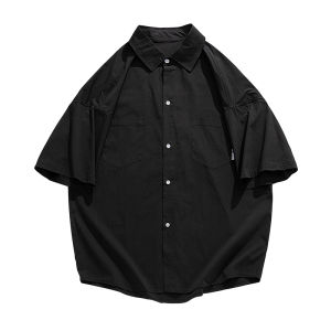 Loose Fit Mens Short Sleeve Shirt Double Pocket Quick Dry Nylon Pure Color Retro Japanese Style Summer Casual Outerwear