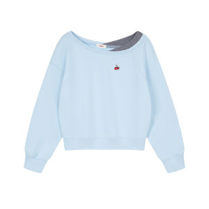 Embroidered Cross Shoulder Contrast Patchwork One-Shoulder Sweatshirt
