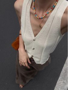Ice Silk Linen Tops Sleeveless French Style Retro Knitting Cardigan Outwear V Neck Sleeveless Small Sling Vest for Women Summer