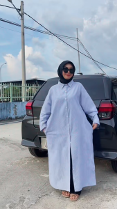DEEM Womens Striped Dress Casual Long Sleeved Side Pocket Tied Cardigan Half Body Skirt Perempuan Lengan Panjang Baju