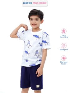 Bộ cotton bé trai Bigfox Miss Meow size đại cộc tay mùa hè in cá mập cỡ 37911 tuổi 30kg 40kg