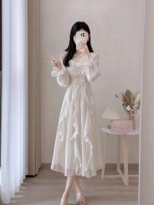 French Style Long Sleeve White Princess Dress Womens Autumn High Waist Gentle Long Skirt A-Line Dress Sweet Style Pure Color
