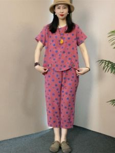 ชุดสองชิ้นผ้าไหมน้ำแข็งลายจุดแขนสั้นหลวมๆ สบายๆ สำหรับคุณแม่วัยกลางคนและผู้สูงอายุ ชุดฤดูร้อนปี 2025 ใหม่