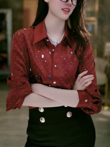 SHUAIYUE | Áo Blouse Dài Tay Cổ Đứng Phong Cách Sequin Đỏ