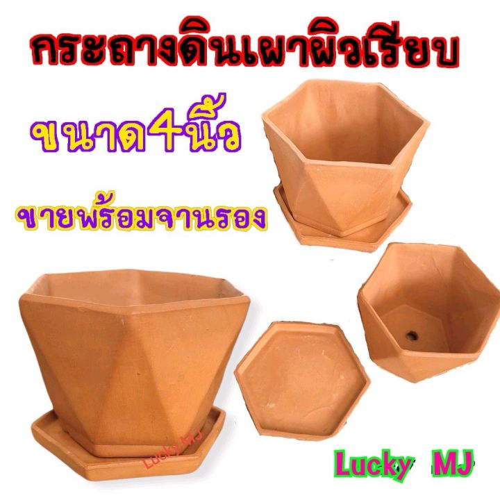 กระถางดินเผา 4 นิ้ว ทรงเรขาคณิต พร้อมจานรอง