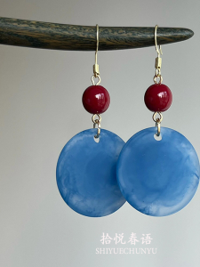 Blue Gradient round Earrings Womens New Chinese Style Vintage National Trend Elegant Versatile Tassel Ear Jewelry