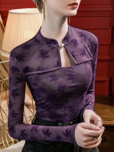 Womens Lace Flocking Embroidery Cheongsam Collar Base Shirt Spring New Style Fashionable Small Shirt Commute Slim Fit Long Sleeve