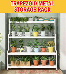 Trapezoid Metal Plant Rack Shoe Shelves 3/4 Tier Balcony Multi Layer Solid Wood Storage Rack Outdoor Pot Stand / Fireheart