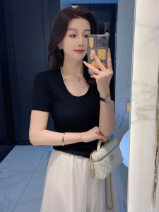 Chic Summer Knitted Top for Women Korean Style Breathable Comfortable Short Sleeve round Neck Pullover Solid Color