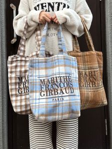 Original ฤดูใบไม้ร่วง ฤดูหนาว ลายสก็อต ขนสัตว์ กระเป๋าโท้ทความจุขนาดใหญ่กระเป๋าสะพายไหล่เดี่ยวสําหรับนักเรียนหญิง สไตล์เกาหลี กระเป๋าผ้าใบ