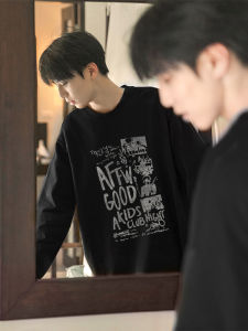 Black American Heavyweight Pure Cotton Long Sleeve T-Shirt Mens Casual New 2025 Autumn round Neck Trendy Loose Top