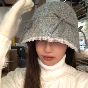 Lace Lace Bow Fisherman Hat Children Autumn Winter Japanese Sweet All-Matching Knitted Hat Make Face Look Smaller Warm Bucket Hat