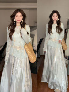 BINKAFENNY | ชุดสองชิ้นสีเขียวป้องกันแสงแดดเอวสูงพร้อมกระโปรงสั้นแบบโปร่งใสสำหรับฤดูร้อน ชุดสองชิ้นสไตล์บริสุทธิ์สำหรับผู้หญิง